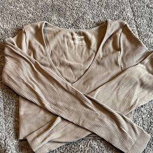Garage Ribbed V-Neck Long Sleeve Top in Beige Taupe